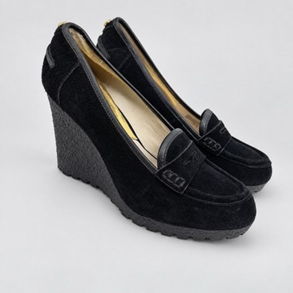 Michael Kors Rory Wedge Platform Loafers Black Suede Size 7 Lug Penny Loafer